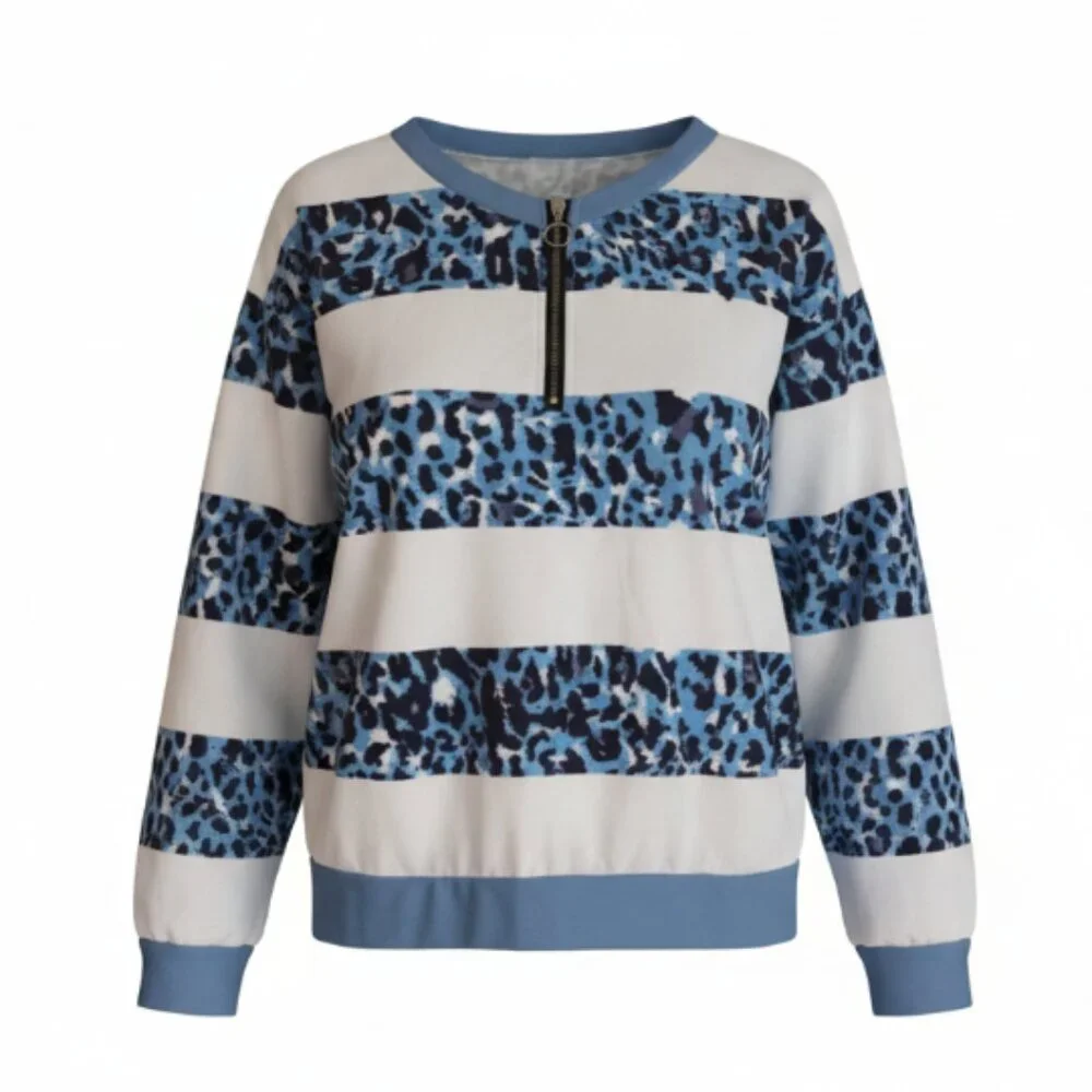 Long Sleeve T-shirt  Sz L  NEW Crew Neck Casual Blouse 1/4 zip blue/white Women - Picture 13 of 13